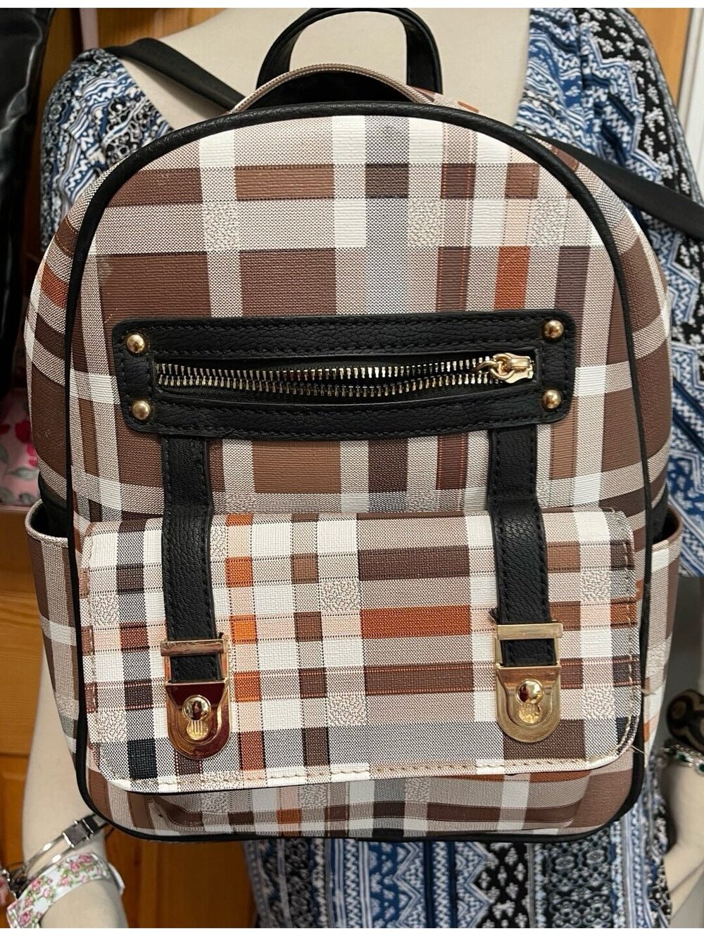 Plaid Backpack Purse Gold Hardware Brown Black